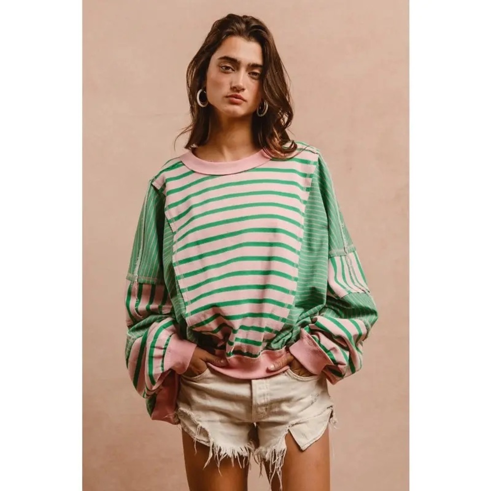 BiBi Green and Pink Striped Sweatshirt - Picture 2 of 2